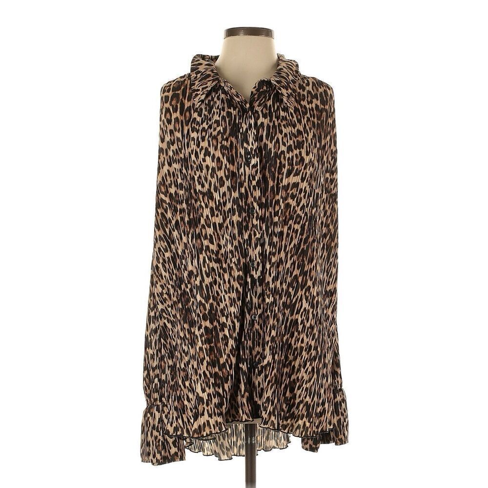Good American Georgette Cheetah Print Long Sleeve Pleated Blouse, Size 5/6 XXXL
